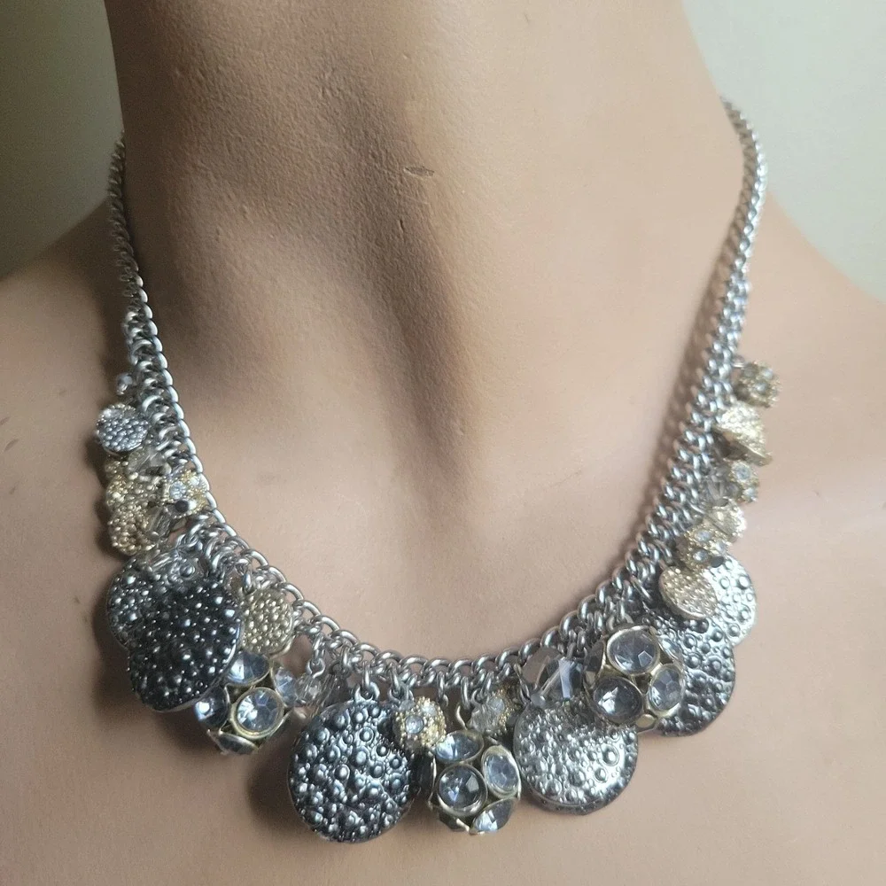 Ann Taylor Loft Silver Gold Tone Crystal Charm Statement Necklace